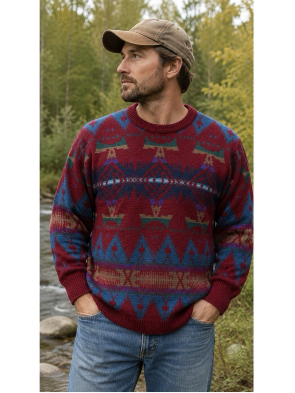 VTG Pendleton Outdoor Mens Sweater L USA Virgin Wool Southwest Aztec Tribal Red